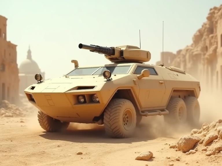 Image shows a sleek beige polygonal sci-fi military APC vehicle. Mounted gun on top. The setting is a sunny white desert city with stone ruins. Dust in the air. Scene filled with realism and intricate details.