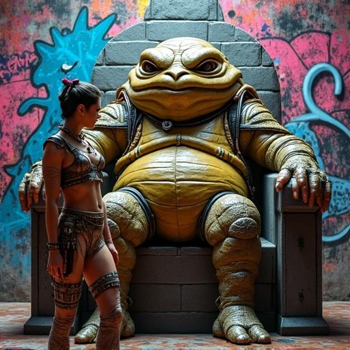 A reimagined urban graffiti version of an iconic scene. Princess Leia in a stylized sci-fi warrior outfit with metallic accents and tribal accessories. Jabba the Hutt depicted as a grotesque alien crime lord on a concrete throne. Vibrant graffiti-drenched palace wall in the background. HDR lighting with glowing mist. Bold outlines, volumetric lighting, and ultra-saturated color.