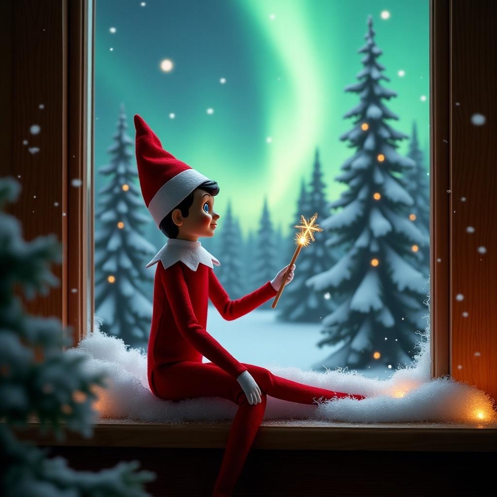 Elf sitting on window ledge. Holds wand creating sparkles. Views northern lights. Surrounded by snow-covered pine trees. Wears vibrant red outfit. Evokes festive holiday spirit.