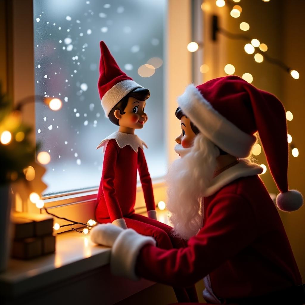 Elf on the shelf whispers in Santa's ear. Cozy setting with warm lights. Snow falls outside.