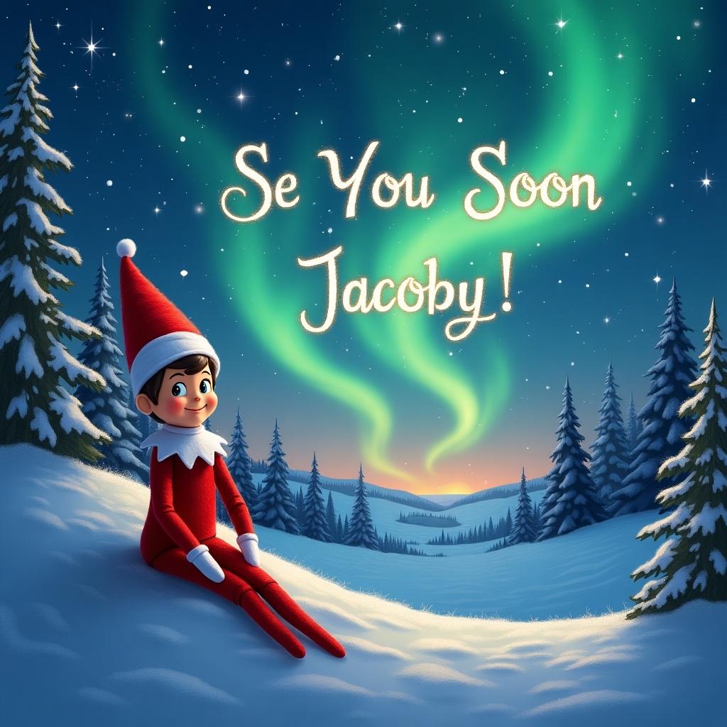 This image depicts a whimsical elf character sitting in a snowy landscape, surrounded by evergreen trees. The elf is wearing a traditional red and white outfit and is looking up at a colorful sky filled with northern lights. The text 'See You Soon Jacoby!' is written in a playful, glowing font above the elf. The scene has a magical and festive atmosphere, capturing the spirit of the holiday season. The elf appears cheerful and ready to spread holiday joy, making it a perfect illustration for children's greetings or seasonal decorations.