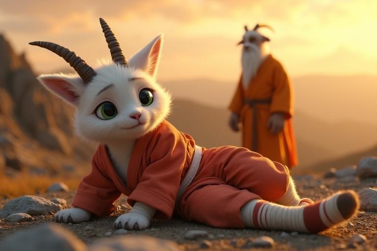 Ultra-HD 4K cinematic scene on rocky mountain training ground at dusk. Warm orange sky casting long shadows. Kittuu with white fur and emerald-green eyes lies bruised on ground in light red karate gi with white belt. Bandaged feet are scuffed. Large eyes glisten with unshed tears. Mahaguru an elderly goat with long white beard stands in orange-white robes.