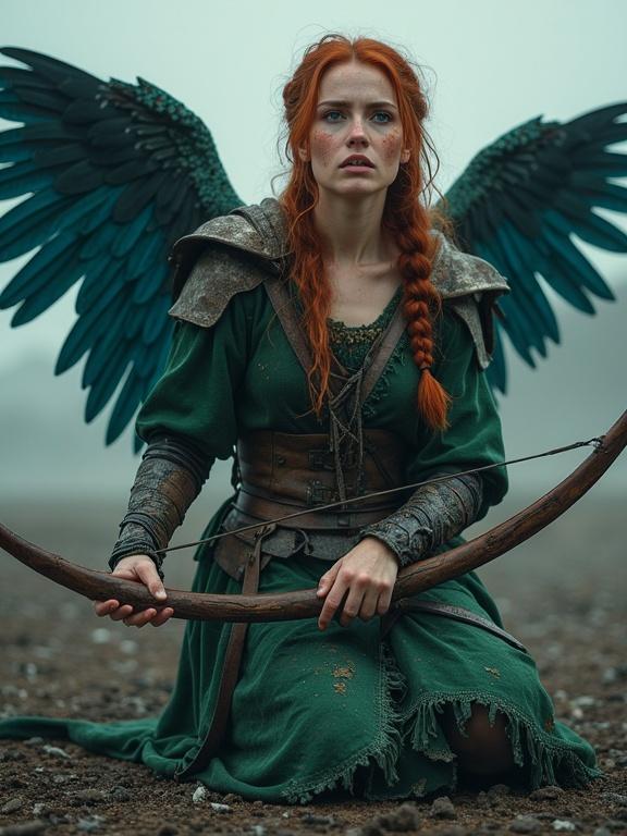 A maiden warrior kneels on a barren battlefield. She wears broken leather armor and a torn green gown. Her auburn hair is braided elegantly. Her skin is porcelain with freckles. Green eyes rimmed in red from grief. Tears fall as she shouts. Large blue feathery wings extend from her shoulders. She holds a dark wood bow in her trembling fingers. Ash falls around her, creating a somber atmosphere. The style is muted and evokes deep emotion.
