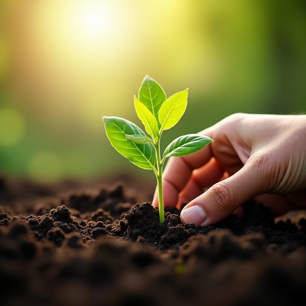 Close-up image shows a hand planting a small green sapling in dark soil. Sunlight filters through symbolizing growth. Background is blurred to highlight the planting action.