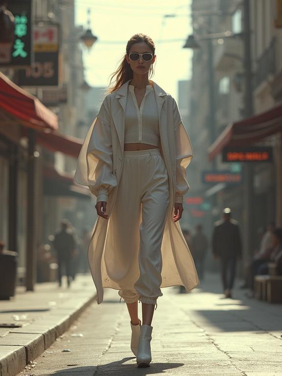 Futuristic fashion model walking down a street. High-fashion avant-garde style with cinematic feel. Soft lighting and urban environment.