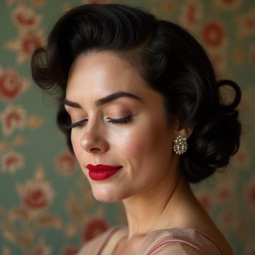 Portrait of a woman with vintage 1950's hairstyle. Shy expression with closed eyes and slightly smiling lips. Big red lips, diamond earrings, profile view. Floral wallpaper gives a classic look.