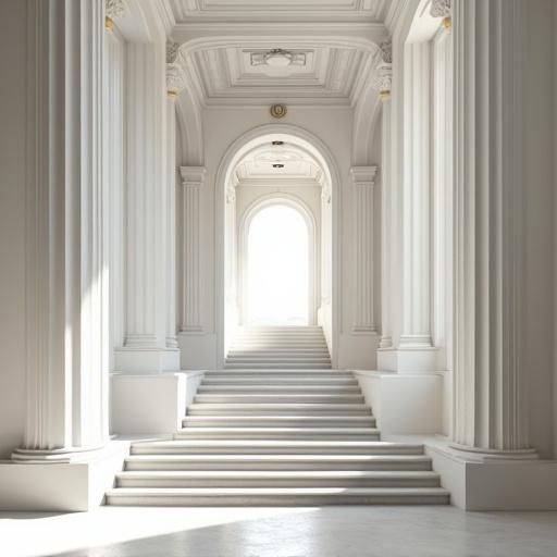 A hall-like building featuring beautiful architecture with white walls. A brass sign labeled Academy is positioned above a grand staircase leading inside.