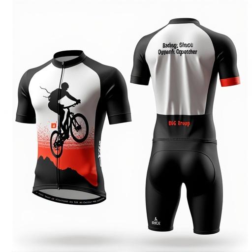 Professional cycling kit showing jersey and shorts for a Portuguese cycling club. Colors include white, black, and red. Features an image of a cyclist jumping a mountain bike on the back. Rider's name on the left breast. BCG Group displayed on the back. Design reflects cycling culture and food.