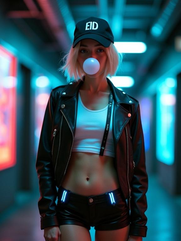 Photo of woman with skinny athletic build in futuristic urban setting. Light skin and short blonde hair. Blowing bubblegum. Wearing black cap with EID. White crop top and black leather jacket. Neon blue braces attach to shiny black shorts. Dark industrial corridor with neon lights. Shallow depth of field. High aesthetic quality with sharp details. Eye level perspective.