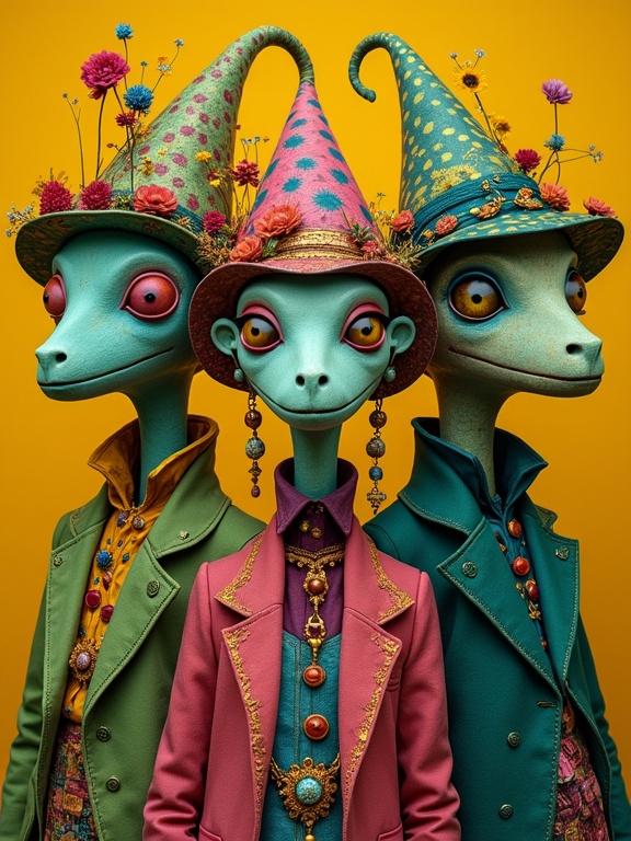 A surreal portrait of three whimsical creatures dressed in eccentric attire. Dominant colors are green and magenta, yellow and blue. The background is yellow ocher.