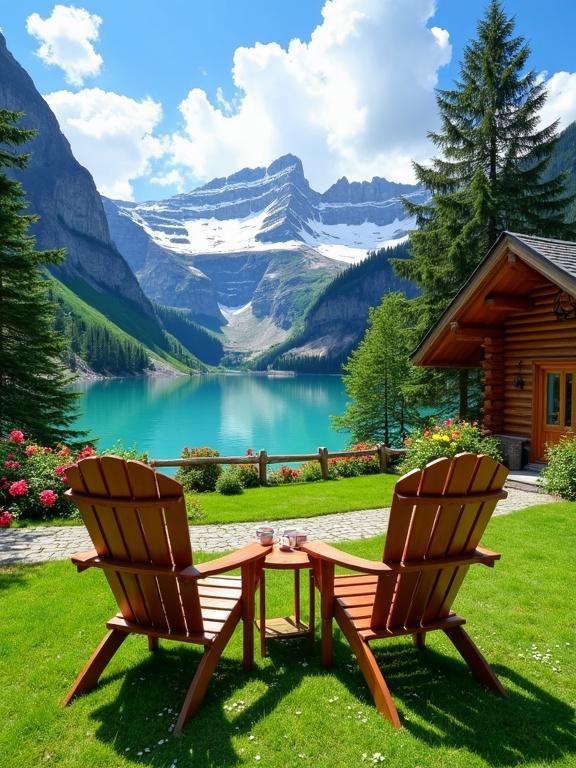 Beautiful outdoor view with cozy garden furniture. Two wooden chairs and a small table on lush green lawn. Two coffee cups on the table. Chairs have natural brown finish and slatted design. Stone path leads to log cabin with wooden exterior. Turquoise lake reflects greenery. Snow-capped mountains under blue sky with fluffy clouds.