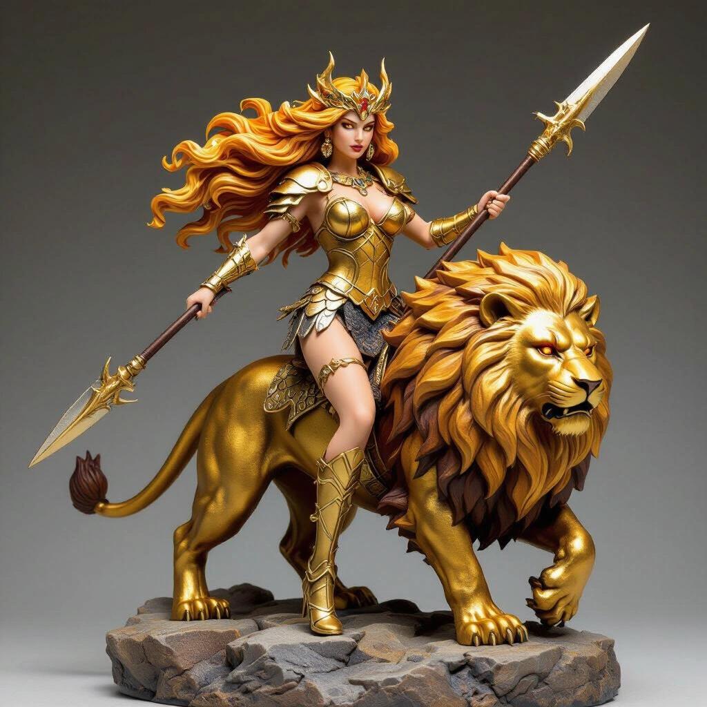 A female figure inspired by Leo sign. Majestic goddess with flowing golden hair. Wears golden armor and holds a spear. Rides a large golden lion on rocky base. Dominant pose with proud expression. Crown shaped like lion's mane. Design conveys fire and strength. Semi-realistic and fantastical style with high detail.