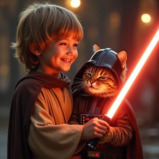 Hyper-realistic image of a smiling child dressed as a Jedi holding a glowing lightsaber. A realistic striped brown cat is dressed as Darth Vader with a helmet and cape. Both are close together, expressing joy. The setting has warm light and a cinematic feel, highlighting their playful bond.
