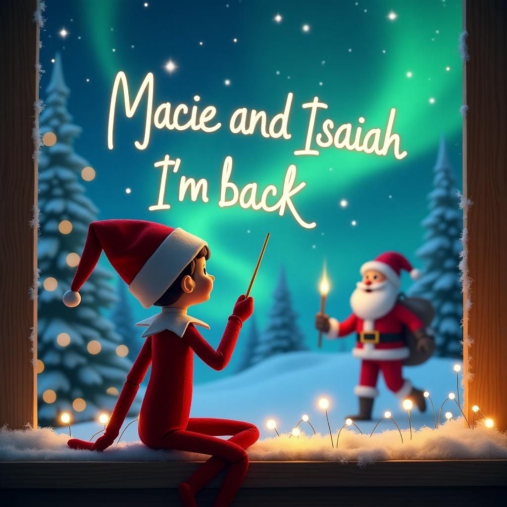 Elf on the shelf looks out the window at a snowy landscape with Santa in the background. Elf uses a wand to write 'Macie and Isaiah I’m back' in the sky. Magical Christmas scene with northern lights.