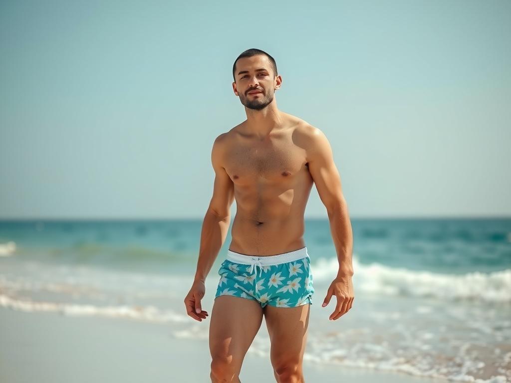 A fit, young man walks along a sunlit beach, wearing bright floral swim shorts. The background shows gentle waves and a clear, vivid blue sky, with sunlight casting soft shadows enhancing the relaxed, carefree ambiance of a summer day by the ocean.