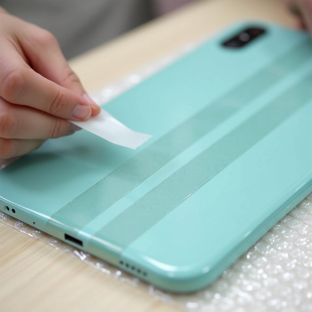Close-up scene of a person applying transparent nano adhesive tape to a flat teal surface. The tape is clear with a glossy gel-like appearance. Several strips are applied in parallel. The person's hand is peeling off a protective layer. The scene includes a light wood table with bubble wrap. Soft lighting emphasizes a clean aesthetic.