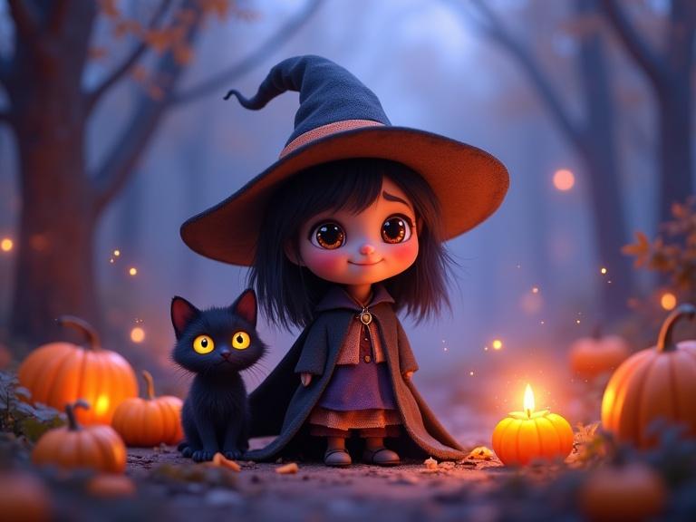 A cute Halloween witch has big sparkling eyes and wears a whimsical pointed hat and flowing cloak. She stands next to a fluffy black cat with glowing eyes. They are surrounded by glowing pumpkins, floating candles, and magical sparkles. The scene is set in an enchanted forest at twilight, complete with fireflies, mist, and soft purple-blue lighting. The art style is 3D semi-realistic, inspired by Disney Pixar, featuring detailed textures and soft lighting in a fantasy setting.
