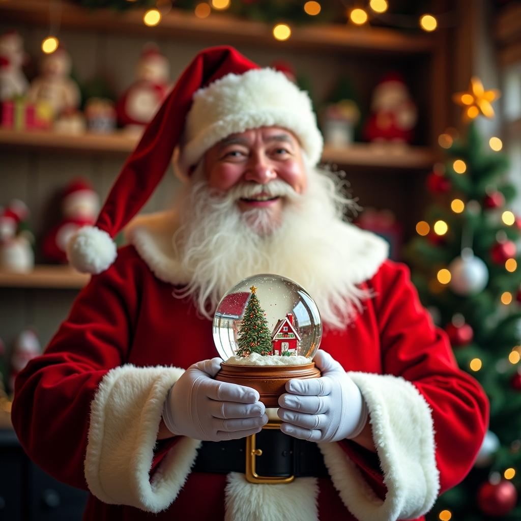 Christmas scene featuring Santa Claus in red and white suit, holding a snow globe. Snow globe contains the names 'Milly-Mae'. Background showcases a festive toy shop with decorations and soft glowing lights.