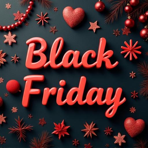 Colorful decorations representing Black Friday. Text in bold styled font saying Black Friday in the center. Decorative holiday elements like stars and ornaments around the text. Bright red theme with festive elements. Suitable for promotional use.