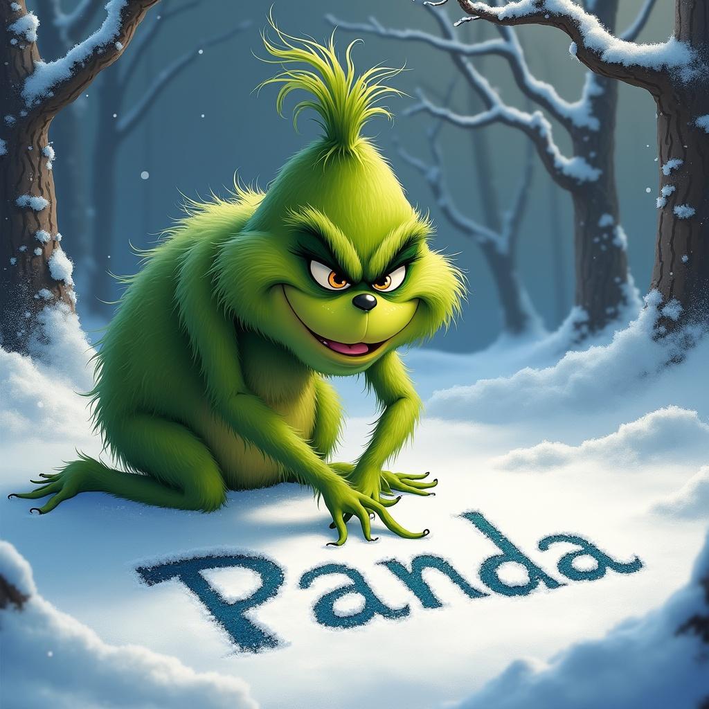 The Grinch writing the word Panda in the snow. Scene captures a whimsical, festive atmosphere with a snowy forest background.