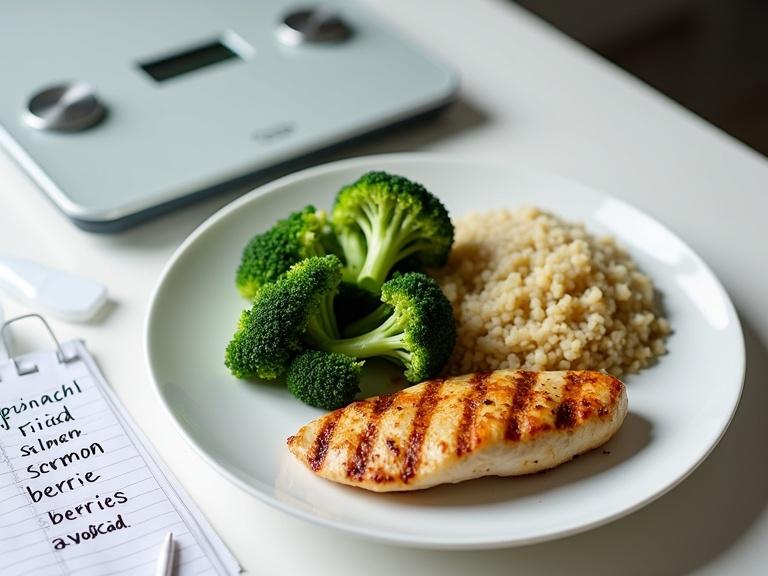 A balanced meal on a white plate features green broccoli, grilled chicken breast with sear marks, and fluffy quinoa. A notepad lists healthy foods. A digital scale shows a weight. Soft natural lighting creates a focus on the plate.