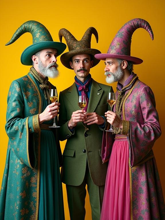 Surreal portrait of three individuals dressed in eccentric attire. Colors include shades of green and magenta, with a contrasting yellow ocher background. Hyperdetailed with intricate designs. Characters appear joyful and whimsical.