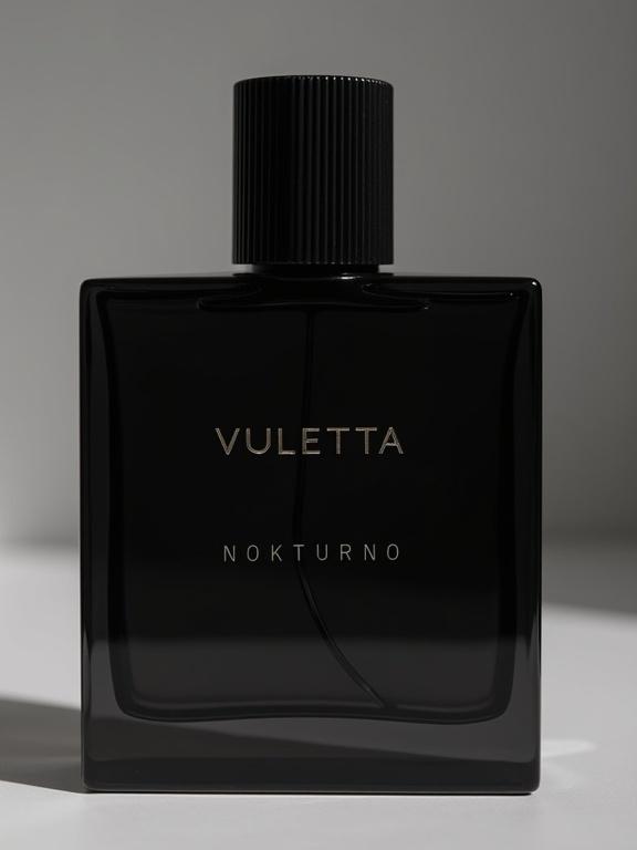 Bottle of fragrance with a dark glossy finish. Vertical ribbed top. Brand name is VULETTA in a minimalistic font. Fragrance name is NOKTURNO in bold lettering. Aesthetic shows luxury and sophistication. Minimal handmade realistic style.