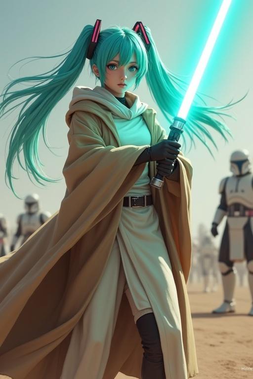 Hatsune Miku dressed in a Jedi robe with a turquoise lightsaber fighting droids on a battlefield