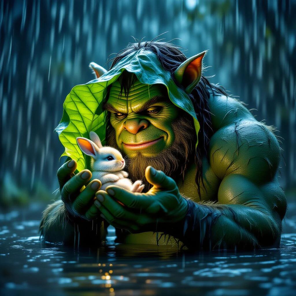 Torrential storm at night. Kind-hearted ogre holds tiny baby bunny in hand. Large green leaf shelters bunny from rain. Scene dark and windy with heavy rainfall. Vibrant dark colors. High definition wildlife photograph.
