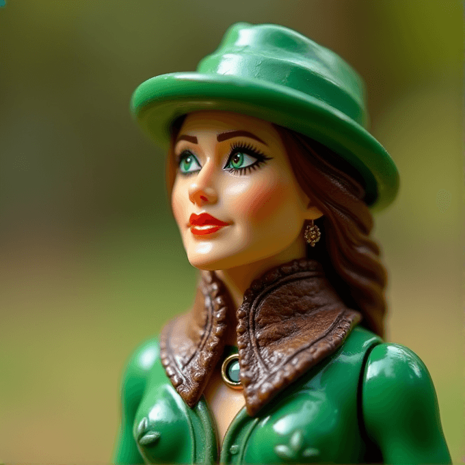 A doll with green eyes and a green outfit, wearing a matching hat and jewelry, gazes upwards.