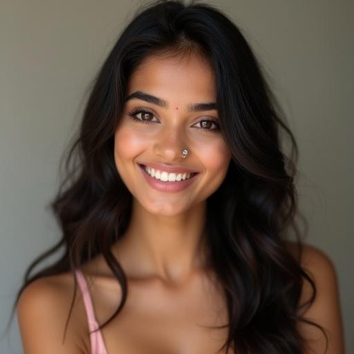 A young Indian woman with luminous skin and long, dark brown hair. She has bright deep brown eyes, full lips, and a genuine smile. Wearing a soft pink bra, her hair falls in loose waves. Soft natural light illuminates her face.