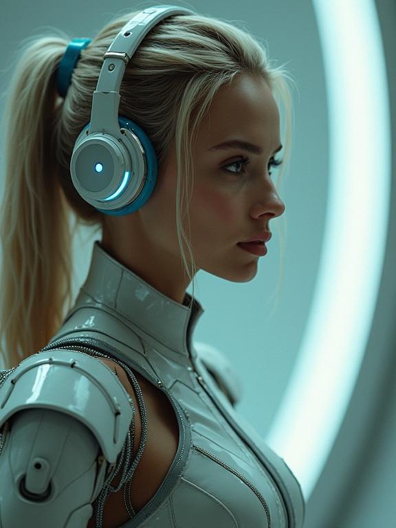A futuristic woman with headphones in a modern setting. She has a stylish outfit and a focused expression.