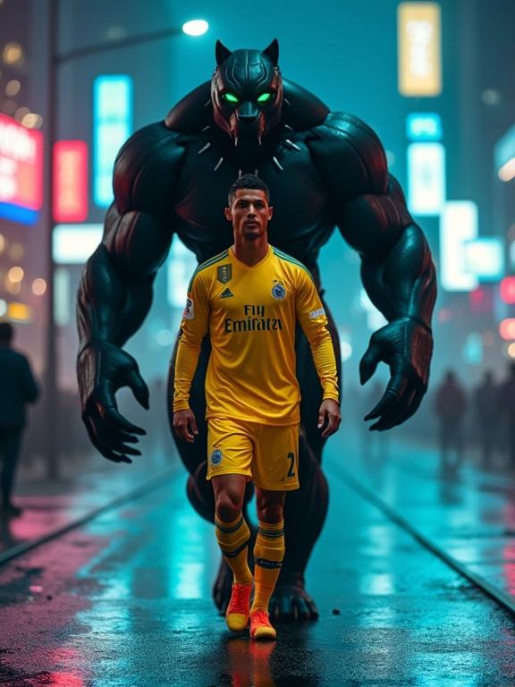 Photo-realistic image of Cristiano Ronaldo in Al Nassr yellow kit on a city street. Giant Black Panther guardian strides behind him. Scene features neon lights and cinematic lighting.