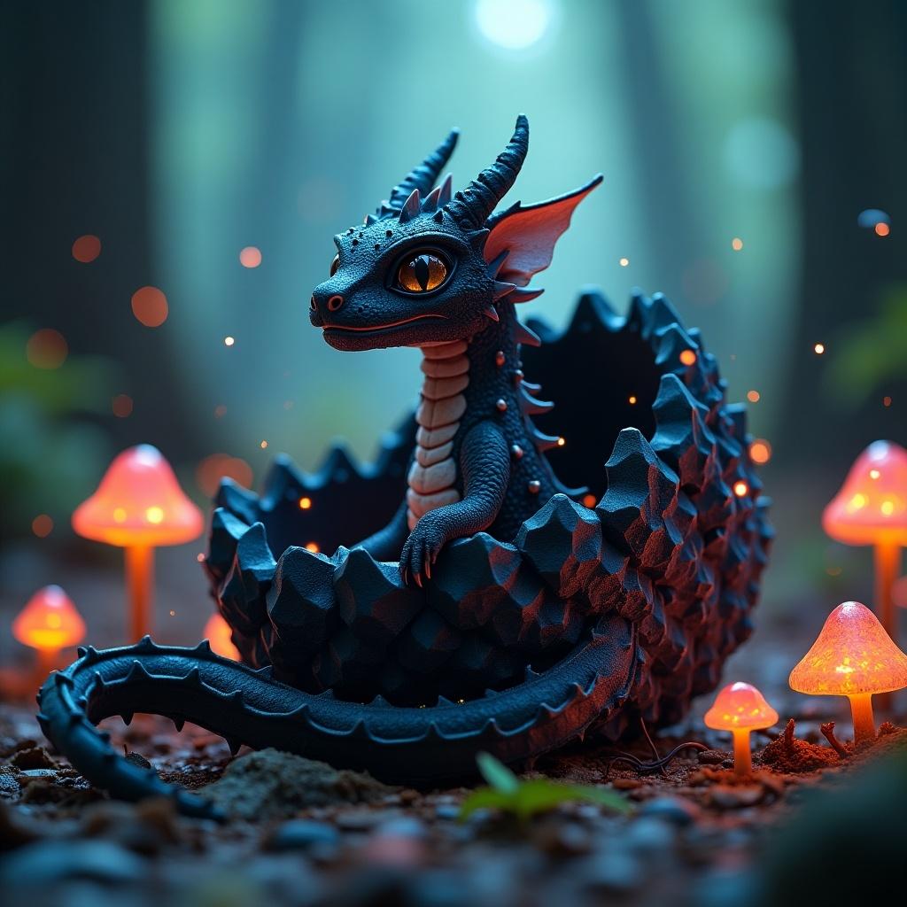 Realistic photograph of a newly hatched cybernetic baby dragon emerging from black crystal egg in an ancient cybernetic forest with small neon mushrooms and living neon wiring.
