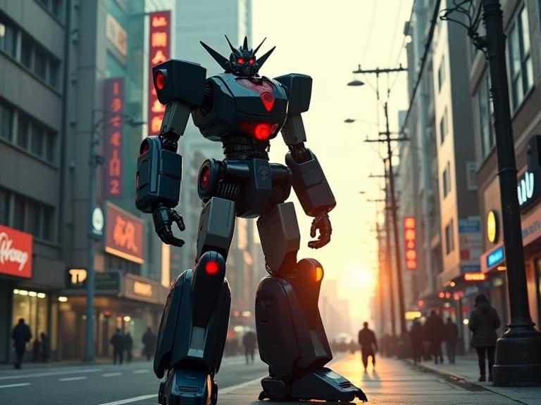 Dark cinematic view of a large mechanical robot standing in an Asian city. Robot features sleek and blocky metallic designs with black and red accents. Surrounding city includes tall buildings, store signs, light poles, and power lines. A sunset creates an atmospheric fog, adding realism and depth to the scene. A ground perspective emphasizes the robot's towering presence and reflects shadows and textures.