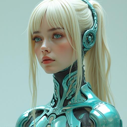 Futuristic full body portrait of an android with blonde hair and blue eyes features shiny metallic teal decorations and cybernetic components.