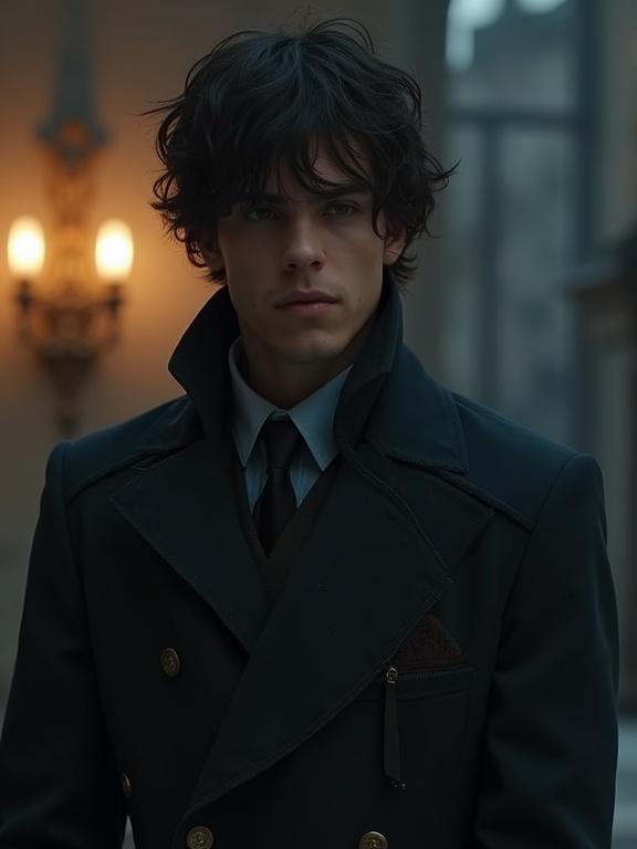 Photorealistic cinematic image of a young European man. Dark hair styled messily. Wearing modern day clothes. Evokes the concept of an assassin. Dramatic setting with warm lighting.