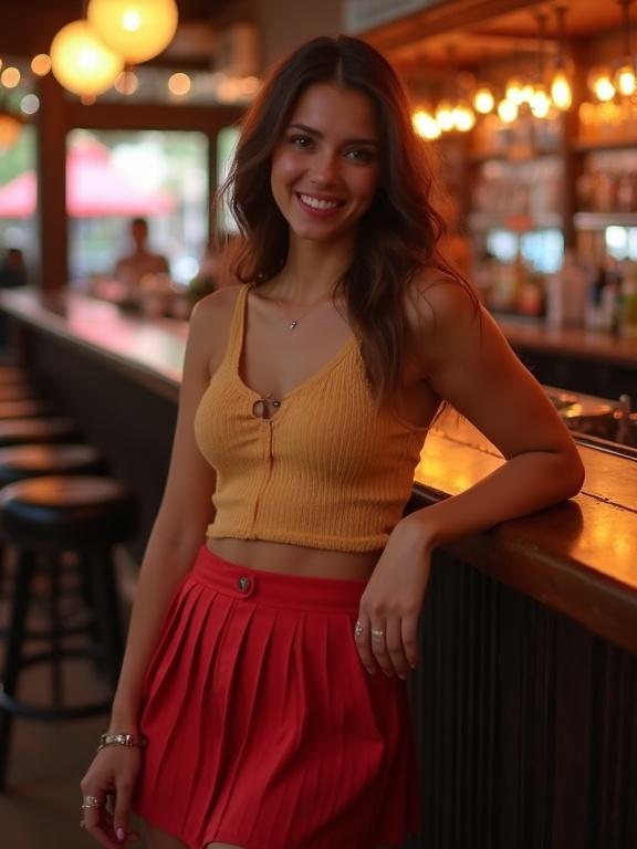 A woman with a flirty smile poses at a bar. She wears a yellow crop top and a red pleated mini skirt. The setting is casual and inviting.
