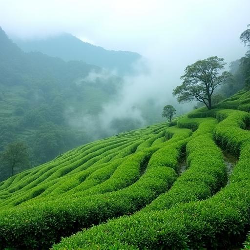 Rolling tea terraces with lush green leaves Wrapped in mist Dew on vibrant leaves leading to misty mountains