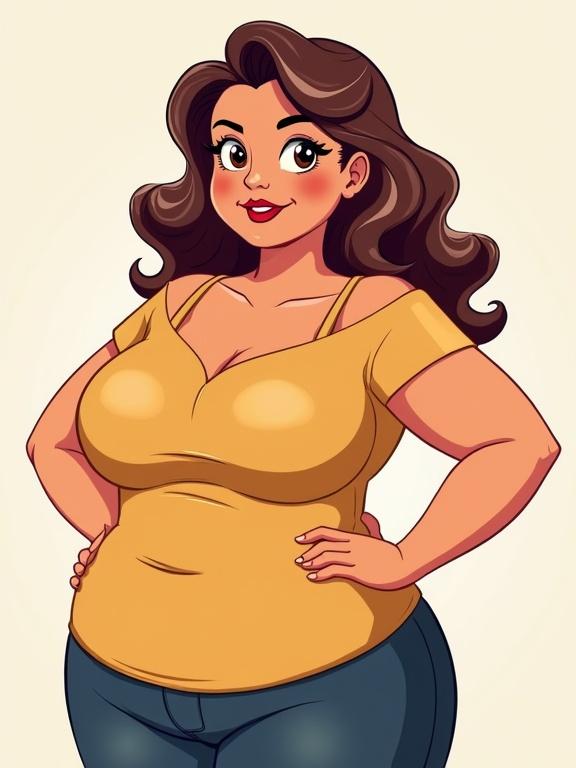 Illustration of a chubby woman in a confident pose. Character has long, wavy hair with a friendly expression. She wears a yellow fitted top and blue jeans, looking directly at the viewer with hands on hips.