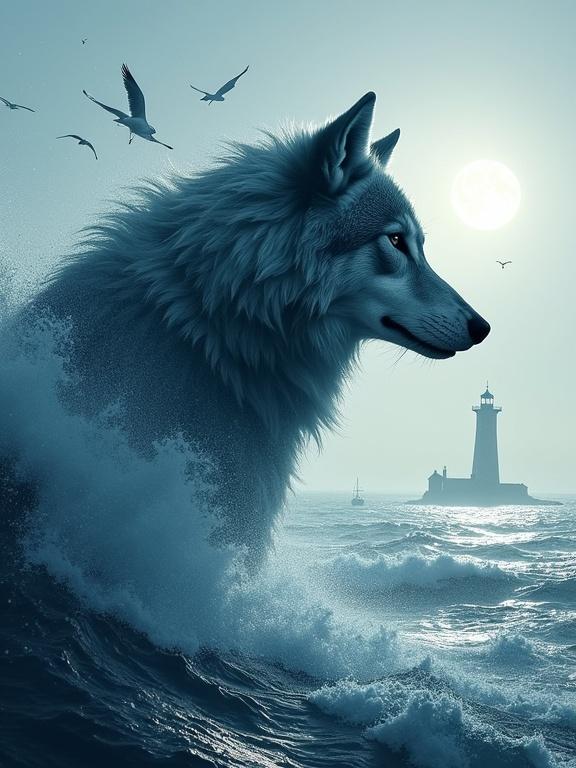 Majestic silhouette of a wolf formed by a stormy ocean in double exposure. Waves create animal's fur with white foam contours. Lone lighthouse on the horizon with light through the storm. Small boats in the wolf's waves and seagulls flying overhead. Bright full moon above reflecting on the water.