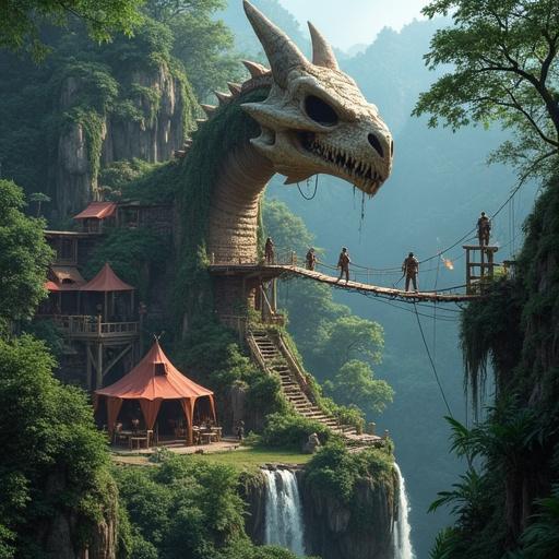 Fantasy jungle expedition base inspired by Monster Hunter located in ancient ruins. Architecture made from natural materials, integrated with trees and cliffs. Central dragon skull monument. Tents, rope bridges, and workshops surrounded by foliage and waterfalls. Hunters and researchers engaging in activities. Warm lighting and smoke create a lively, mystical atmosphere. High-resolution concept art style.