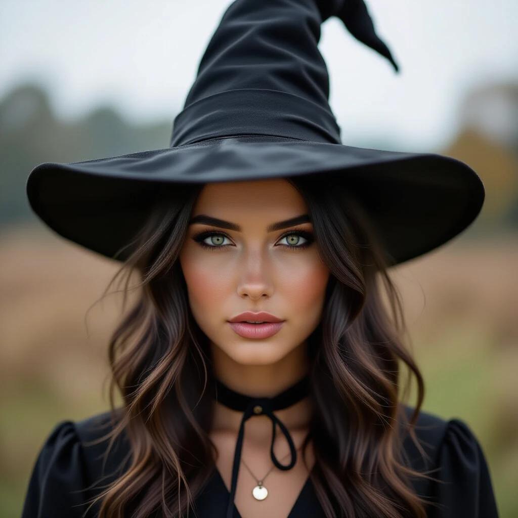 A witch is in a forest wearing a black pointed hat and a black outfit. The witch stares directly at the camera, creating an eerie yet captivating presence.