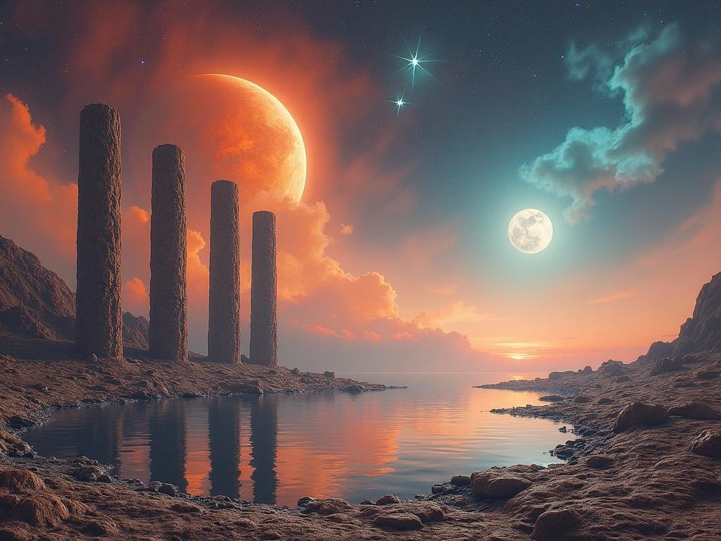 This image depicts a surreal and vibrant landscape. In the foreground, tall, ancient-looking pillars stretch along the sides of a reflective body of water. Above the horizon, a cosmic sky filled with stars and vibrant nebulae creates a stunning backdrop. Two large celestial bodies dominate the sky, one glowing in orange and another in white. The colors blend from fiery orange to deep blue, producing a dreamlike atmosphere that captivates the viewer.