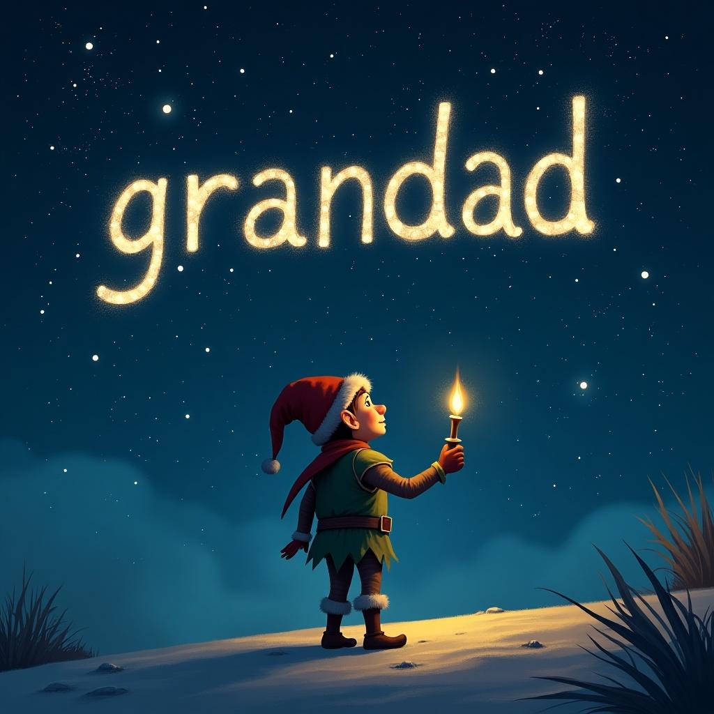 An elf stands in snow holding a candle. The elf writes 'grandad' in sparkling stars in the night sky. The scene is cozy and magical.