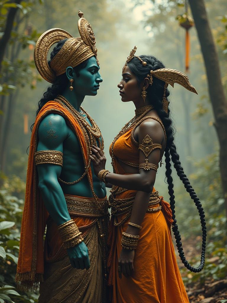 Depiction of Krishna standing with Kalia Naag in a dense forest. Krishna adorned in traditional attire. Kalia Naag shown in a captivating manner. Focus on their emotional connection. Natural backdrop with greenery and soft lighting.