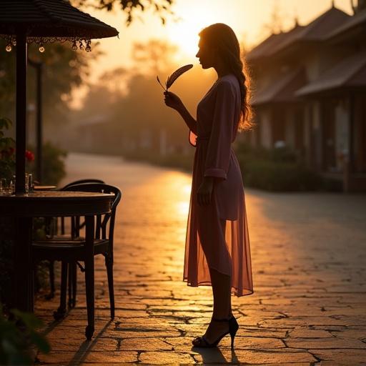 A woman stands in sheer silk robe by tea stand during Indian dusk. High heels cast shadows on cracked pavement. Makeup smudged. She holds a feather and gazes at it. Warm glow of twilight surrounds her. Long shadow suggests tension.