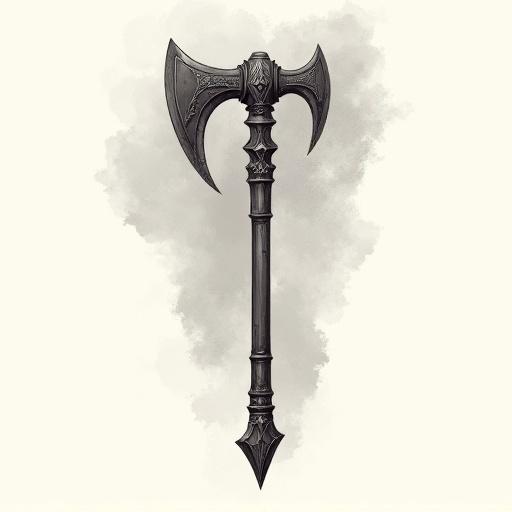 Digital illustration of a runic dwarven axe. Features clean precise linework with soft subtle gradient shading for form and metallic material. Background is a textured light parchment or fine art paper in an off-white color. Behind the axe is a muted stone grey watercolor wash with feathered edges and subtle speckles.