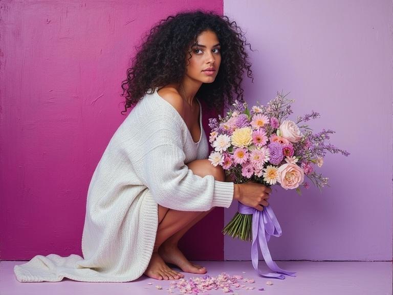 A woman with curly dark hair crouches against a gradient background of magenta and purple. She wears a white knit sweater and holds a pastel bouquet tied with lavender ribbons. Scattered flower petals are around her. Her gaze is away from the camera with an introspective expression. Thick paint layers create depth and texture in the impasto style.