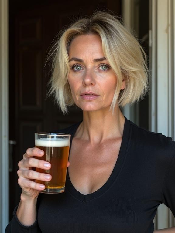 Mature woman with styled bob hairstyle, tired eyes, and a wrinkled face. She holds a beer in her hand. The background features an apartment door, showcasing a Russian aesthetic.